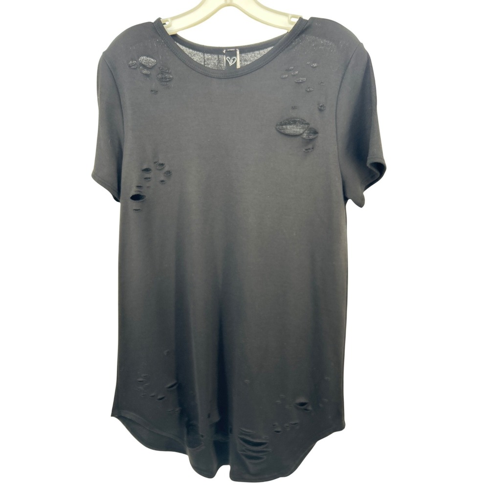 Windsor Womens Black Distressed Ripped T-Shirt Dress Short Sleeve Crew Neck Med